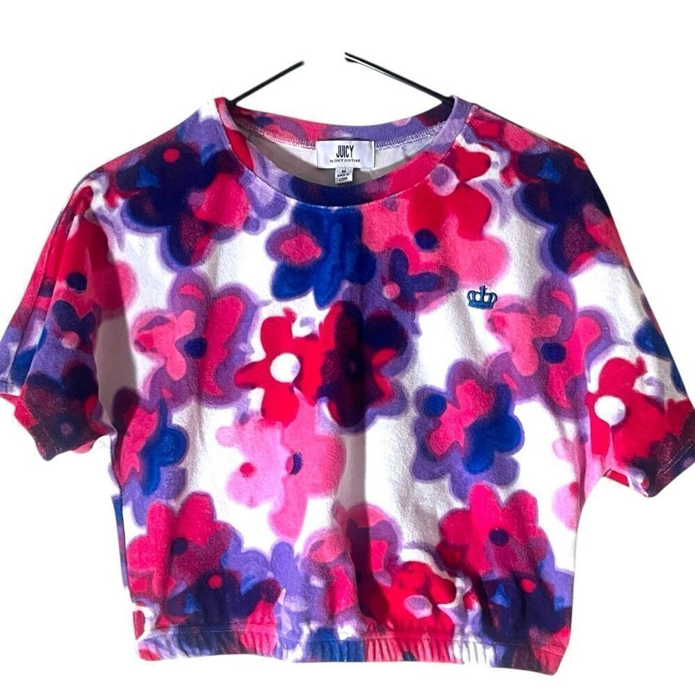 Juicy Crew Neck Short Sleeve Retro‎  Floral Terry Crop Top Sz M NWOT